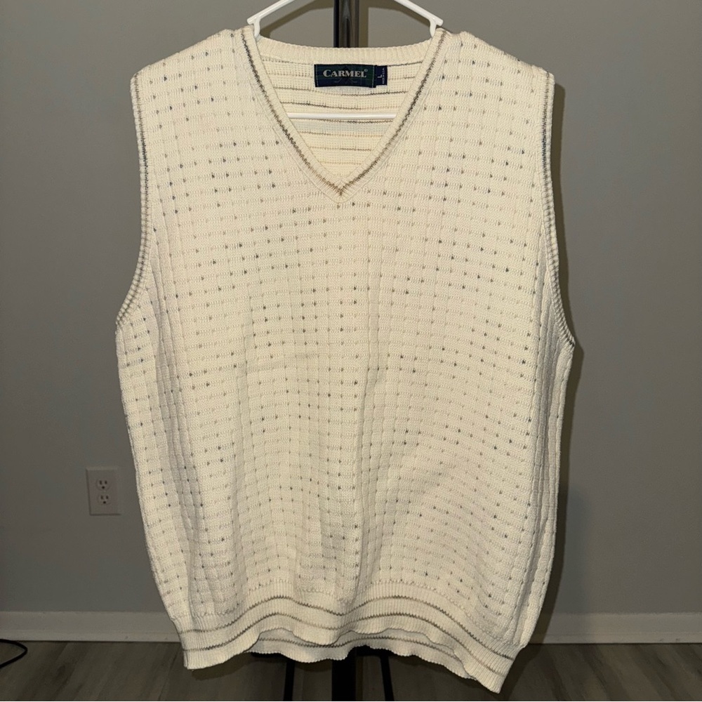 Vintage 90s Carmel Classic Men's L Textured Golf Pullover V-Neck Off White Vest